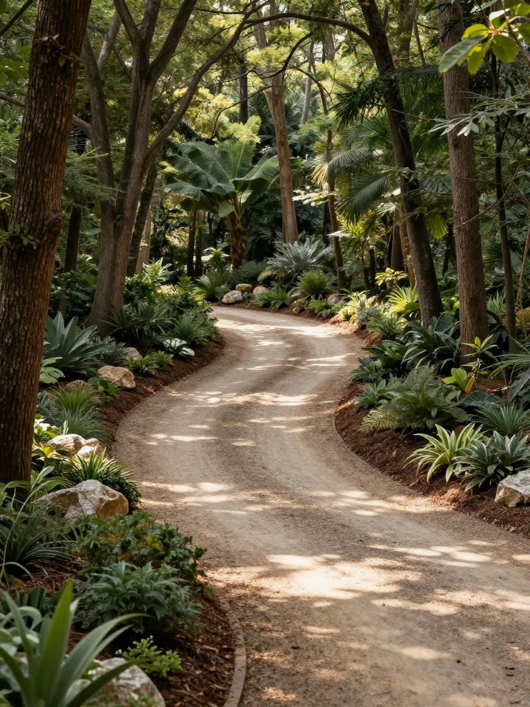 A woodland-inspired steep driveway landscape surrounded by mature trees in a Warm Minimalist + Modern Rustic style.