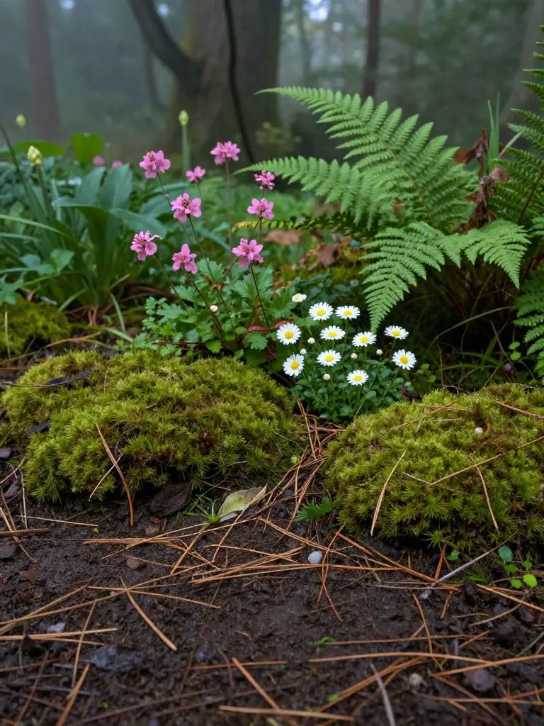 An intimate garden scene featuring a woodland aesthetic with a focus on floor-level textures.