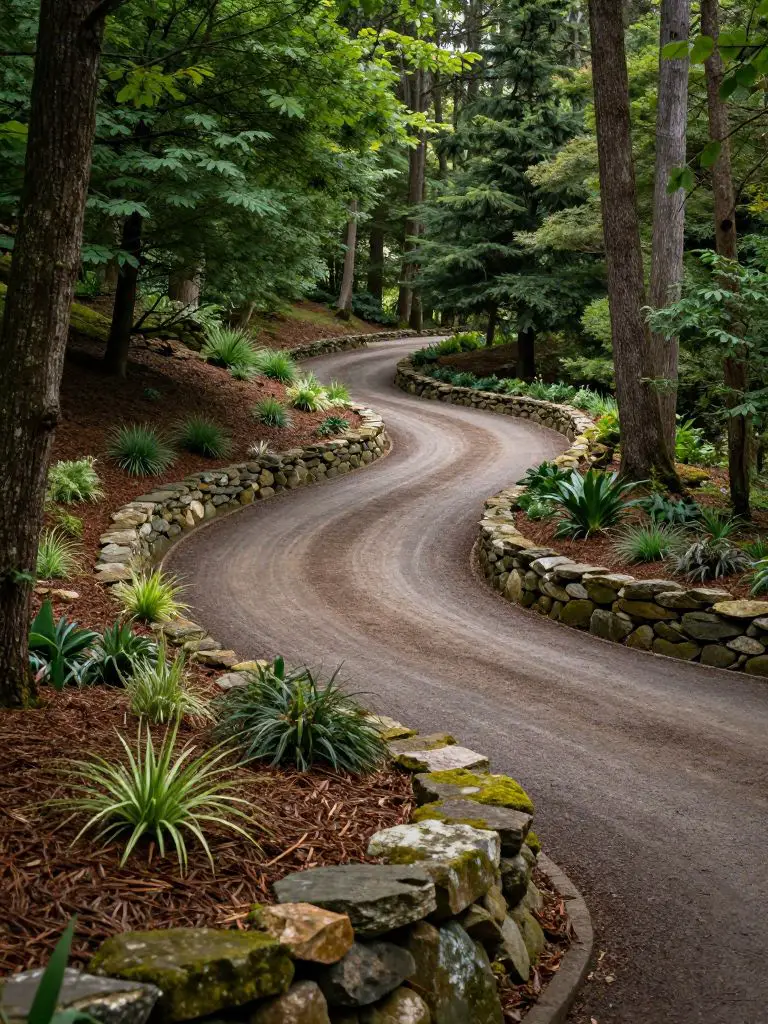A woodland-inspired sloped driveway landscaping scene set in a forested environment, featuring natural stone borders and organic plantings.