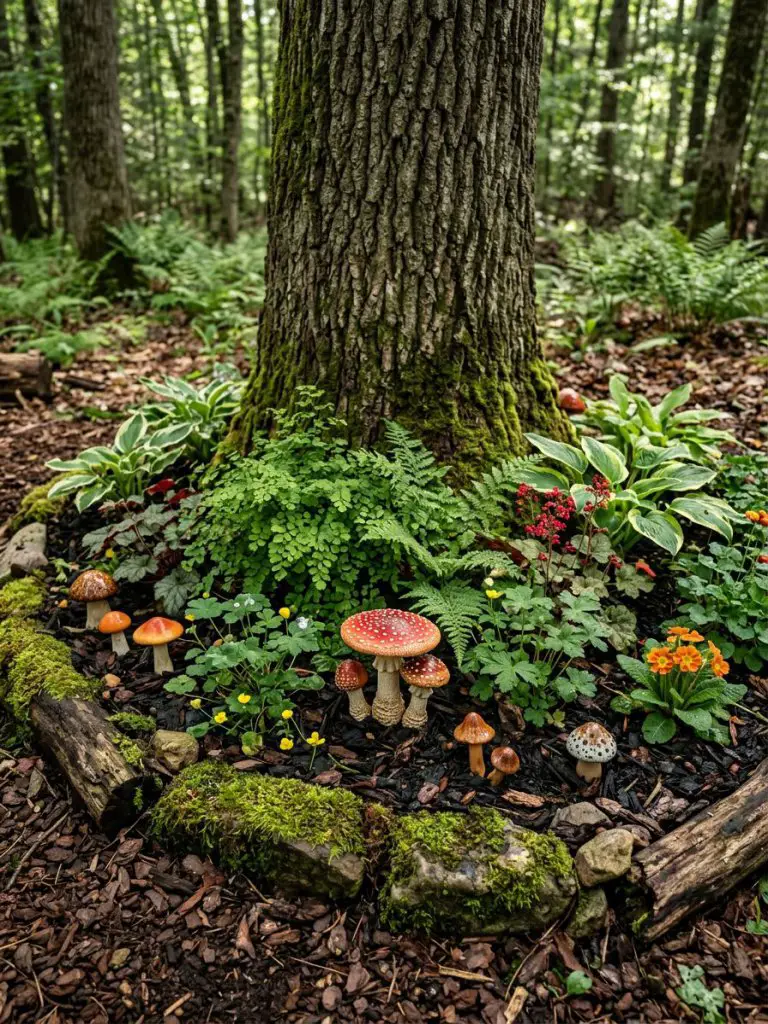 A woodland-inspired tree flower bed with natural mulch, forest plants, and decorative mushrooms in a rustic organic style.