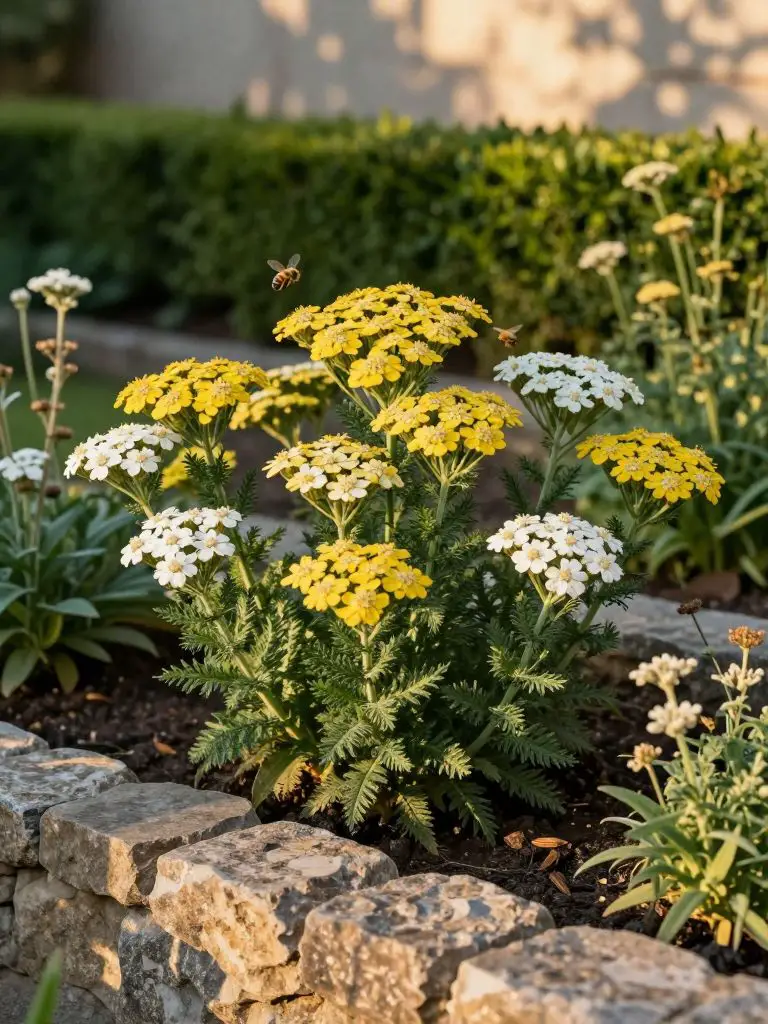 A meticulously arranged garden bed features mature yarrow plants with dense clusters of tiny, flat-topped yellow and white blooms on sturdy.