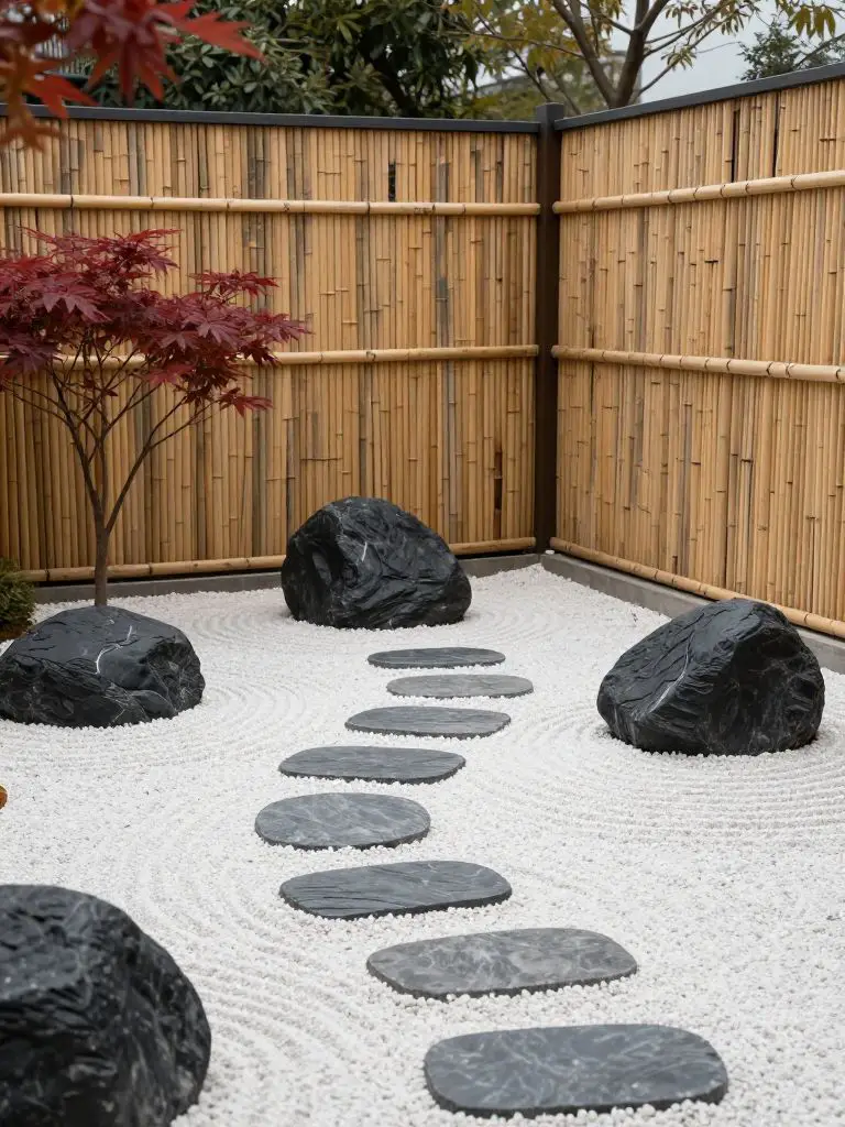 A romantic garden wedding-style zen-inspired fence line featuring a minimalist gravel garden with carefully placed stones and sculptural pla.