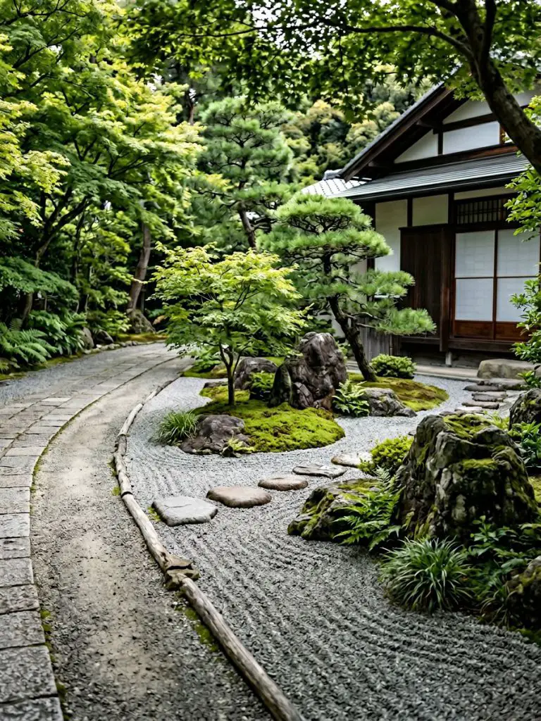 A serene Zen-inspired driveway flower bed featuring a minimalist rock garden with carefully placed stones, moss, and sculpted trees.