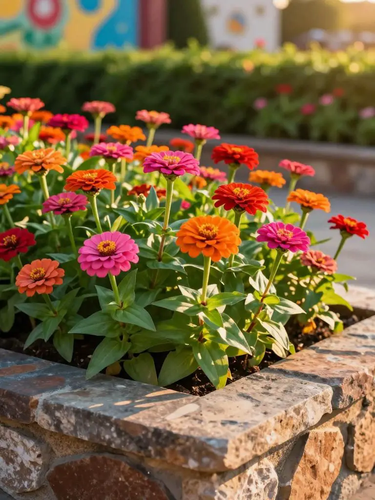 A vibrant, multi-level stone flower bed is filled with a mosaic of zinnia blooms in saturated shades of pink, orange, and red, their layered.