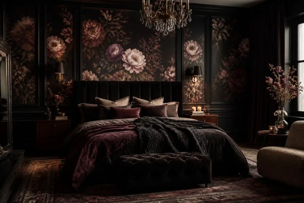 Featured image for: 10 Black Floral Bedroom Ideas That Make Dark Interiors Feel Luxurious and Dramatic