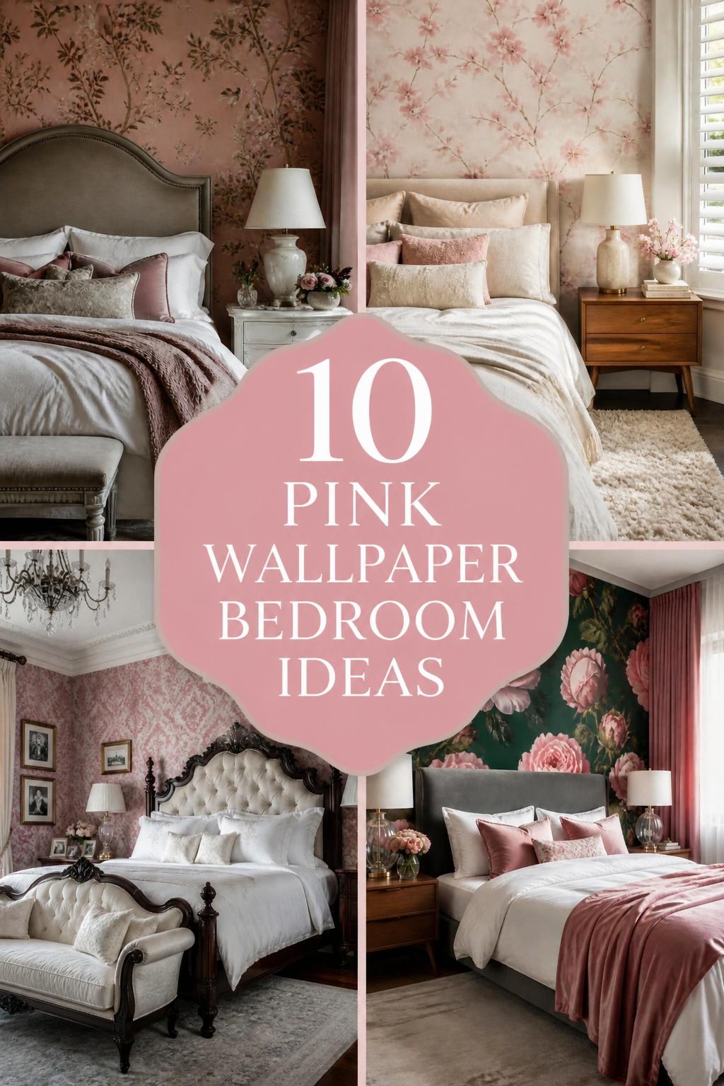 Pinterest banner for 10 Pink Wallpaper Bedroom Ideas for a Dreamy, Elegant Retreat