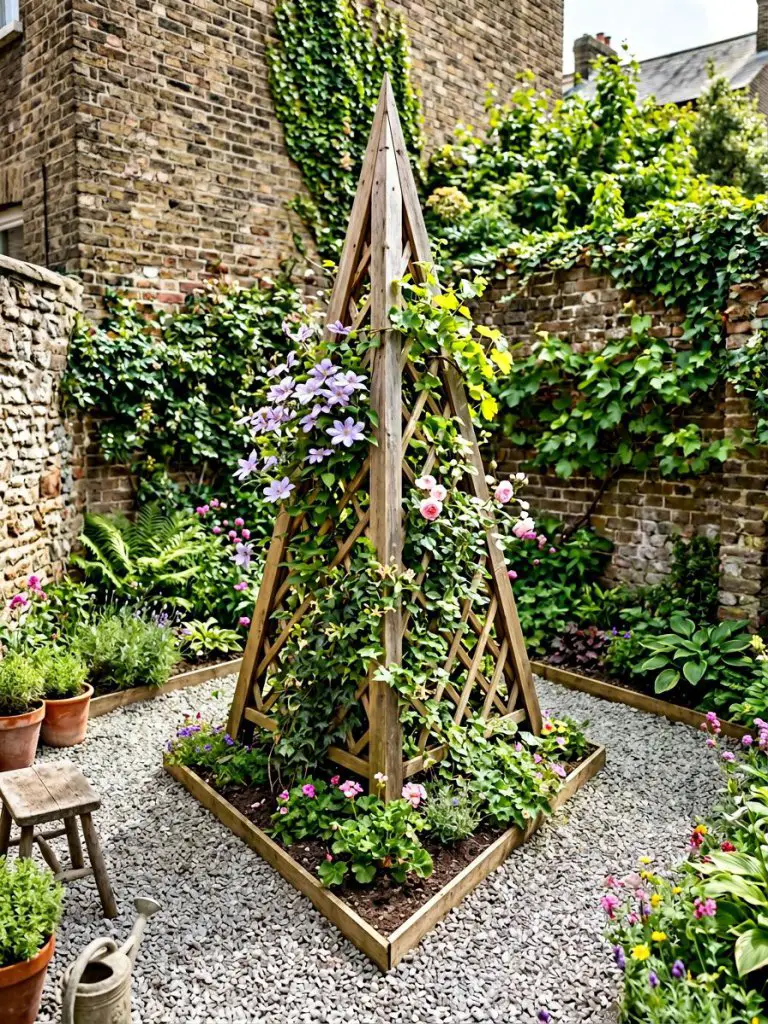 A small triangular garden space with three distinct sides, highlighting an A-frame trellis positioned at the narrowest corner.