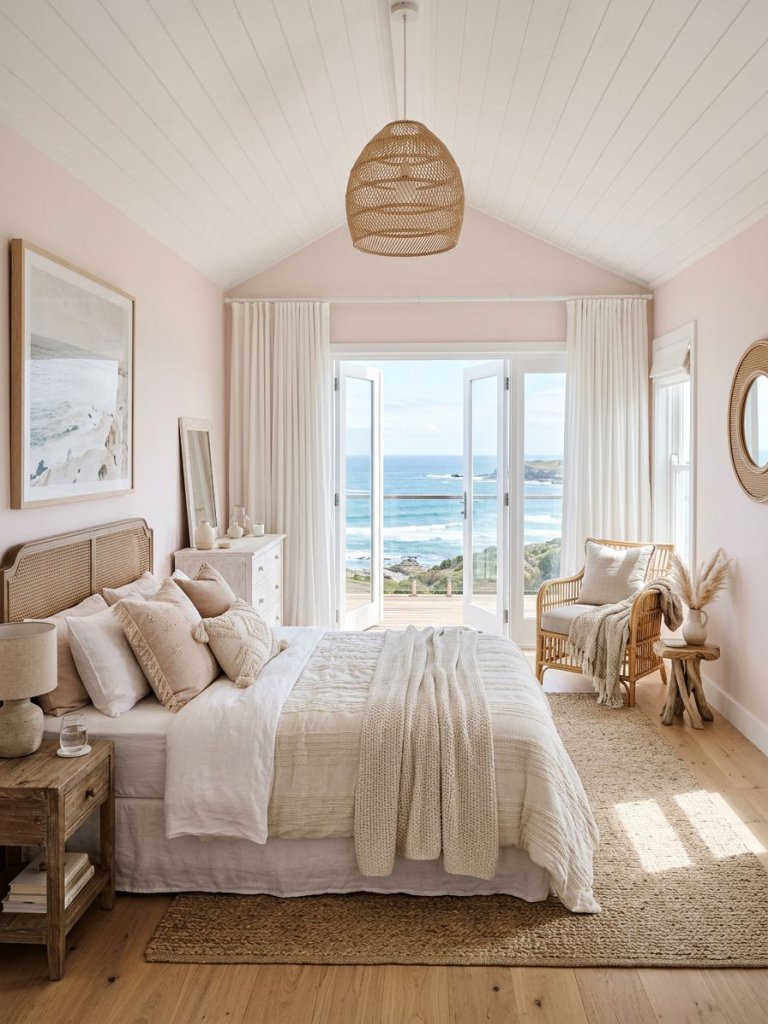 A bright and airy coastal bedroom designed in a soft beach house style with pale pink walls, white shiplap ceilings, woven rattan seating, a.