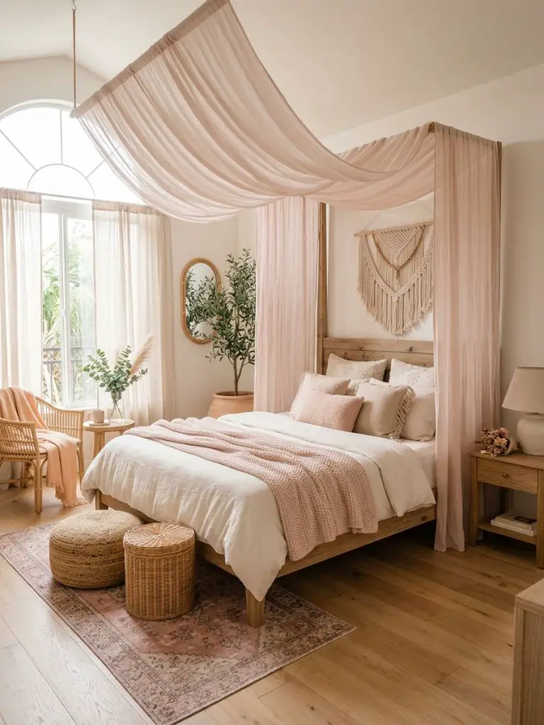 A dreamy blush canopy bedroom styled with romantic boho elegance featuring sheer flowing fabric draped gracefully above a soft ivory bed lay.