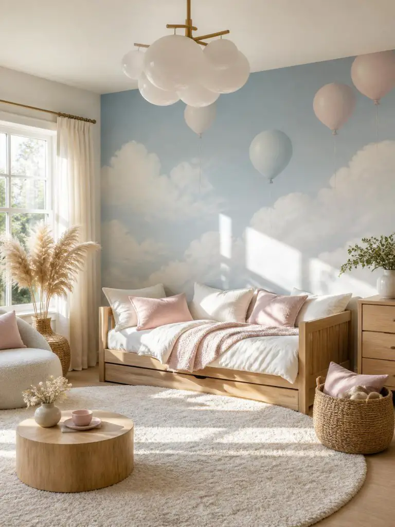 An airy cloud-themed kids bedroom featuring a dreamy pastel blue mural wall filled with oversized white clouds and floating blush and pale a.