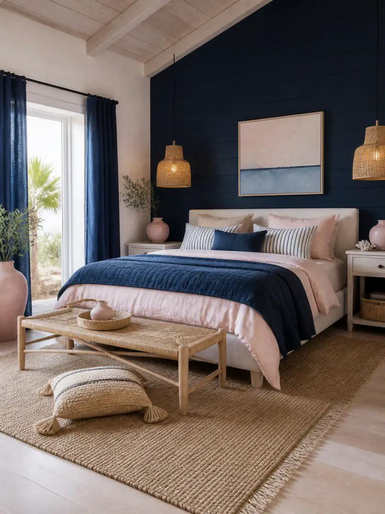 An airy coastal bedroom blending navy blue and soft pink through relaxed layered textiles and breezy natural materials.