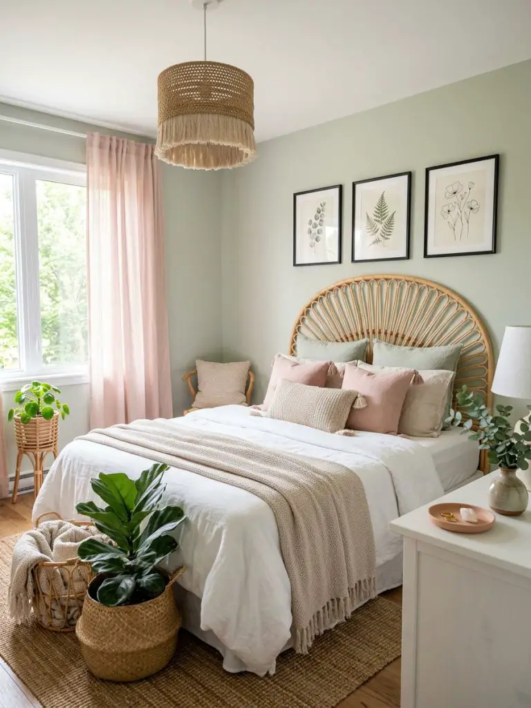 An airy pink and green boho bedroom blending Scandinavian simplicity with romantic bohemian styling.