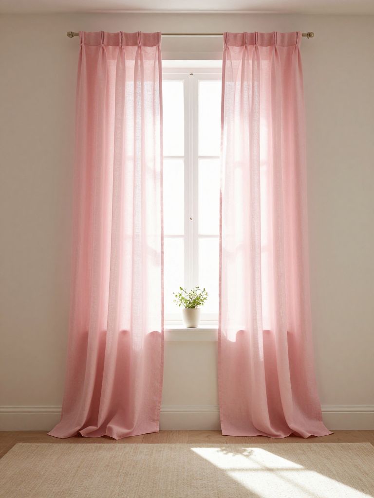 A bright blush pink window treatment scene styled in a Scandinavian and Warm Minimalist bedroom with elegant simplicity and soft natural lig.