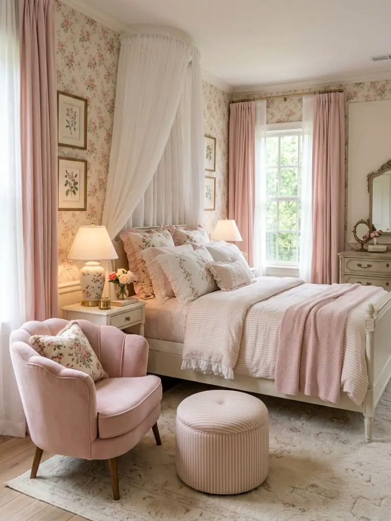 An airy floral pink coquette bedroom designed with soft textures and classic feminine charm.