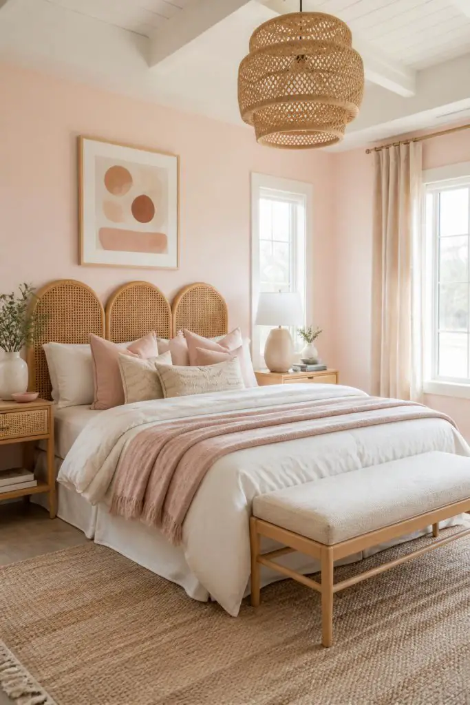 An airy Scandinavian-inspired pink bedroom featuring soft blush walls, natural rattan textures, creamy white bedding, and warm minimalist st.