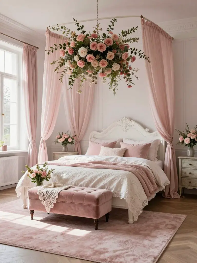 An airy romantic pink bedroom with soft white panel walls, cascading blush curtains, and an oversized suspended floral arrangement creating.