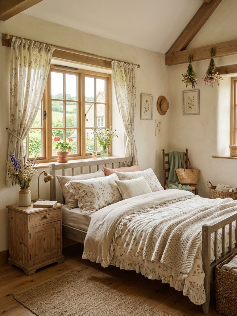 Design a light-filled vintage cottagecore floral bedroom inspired by idyllic countryside living and natural textures.