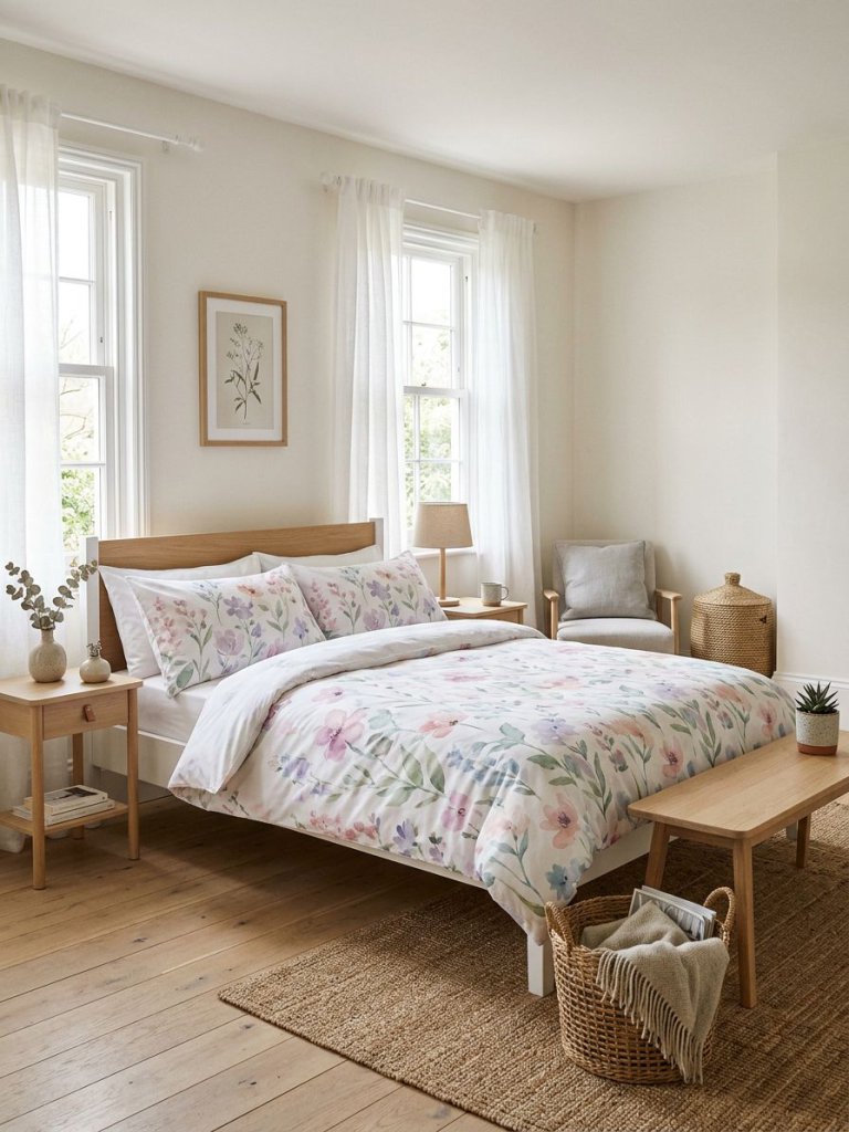 A bright Scandinavian-inspired bedroom showcasing airy watercolor floral bedding in pastel pink, lavender, sage, and powder blue tones.