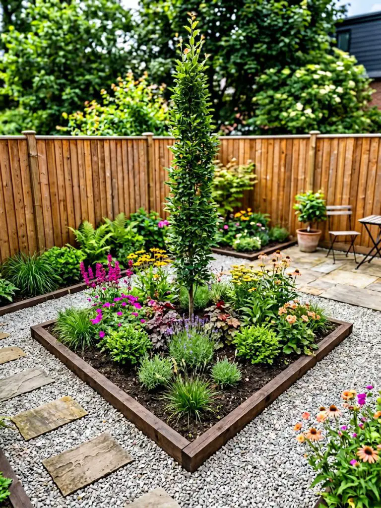 A compact backyard garden shaped as a precise triangle with three defined sides, featuring a sharp apex corner where a slender upright tree.
