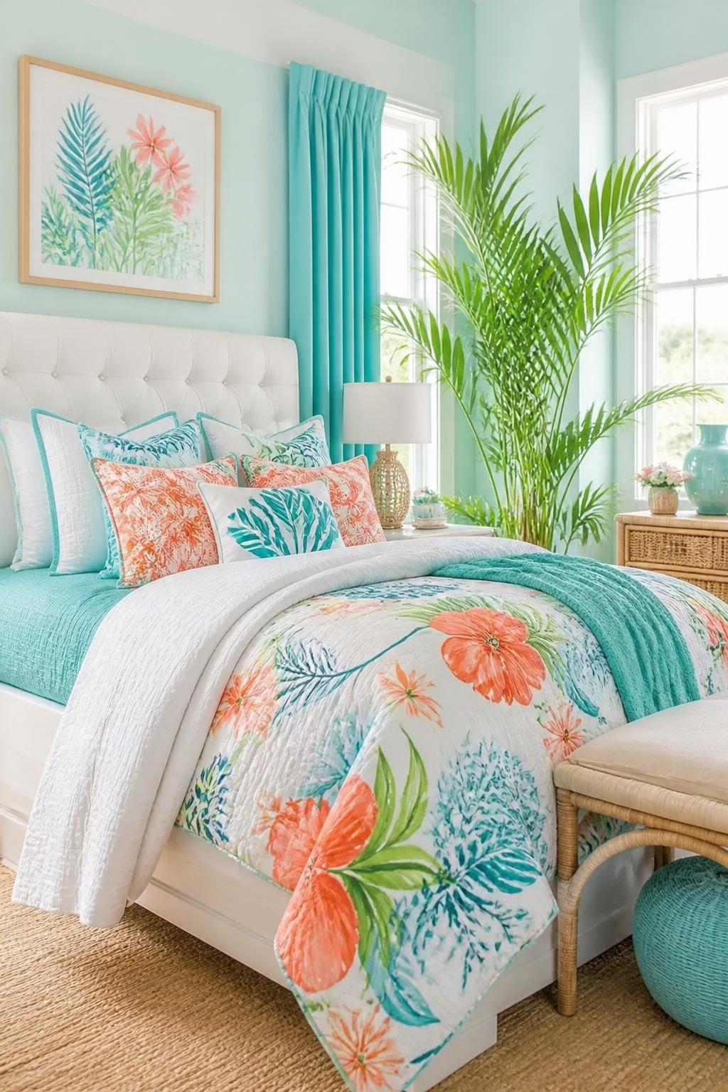 Capture a playful, tropical bedroom filled with quirky coastal energy with a palette of aqua and coral hues.