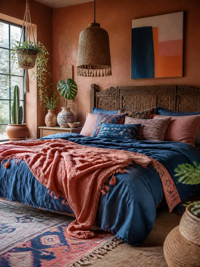 interior photography of an artistic boho pink orange and blue bedroom layered with eclectic textiles and relaxed collected decor.