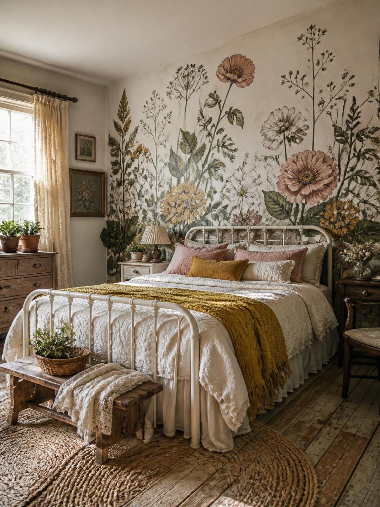 An artistic vintage-inspired bedroom featuring a hand-painted botanical mural accent wall with oversized florals, sketch-style leaves, and d.