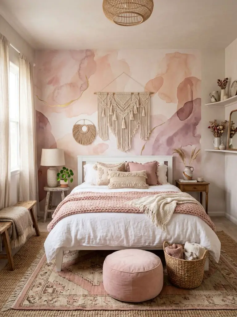 An artistic pink boho bedroom with dreamy abstract wall murals and layered handmade textures inspired by eclectic modern bohemian interiors.