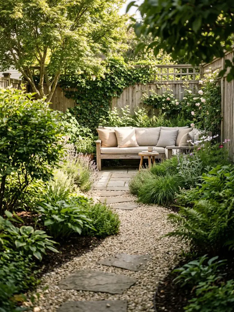 A small backyard garden with a seating area positioned at the far end to capture maximum sunlight in a Warm Minimalist + Modern Rustic style.