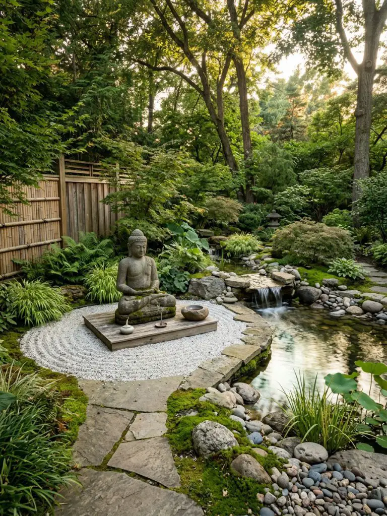 Design a peaceful backyard meditation garden inspired by Zen wellness retreats featuring a serene Buddha statue beside a small cascading pon.