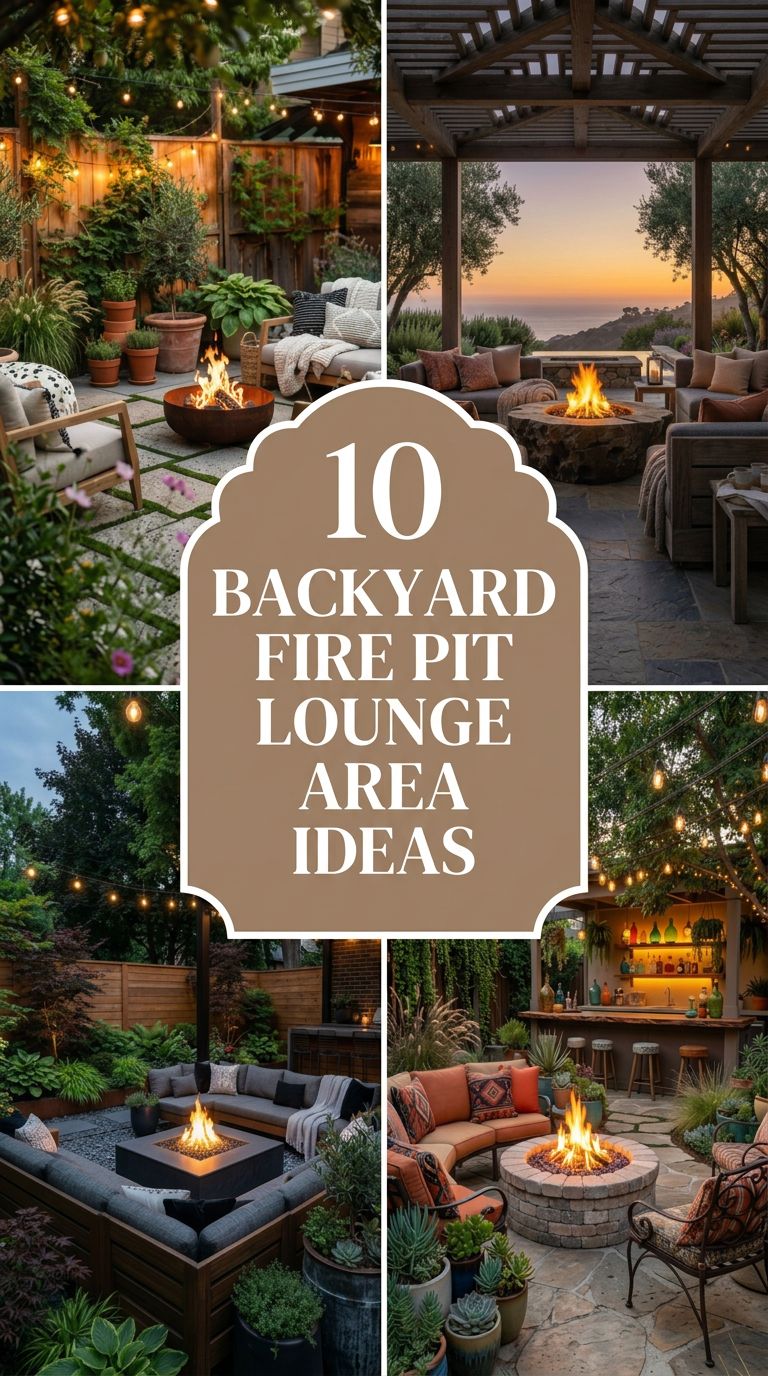 Pinterest banner for 10 Backyard Fire Pit Lounge Area Ideas for Ultimate Outdoor Comfort