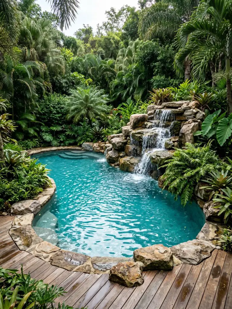A backyard jungle pool designed in a tropical resort style with natural waterfall feature.