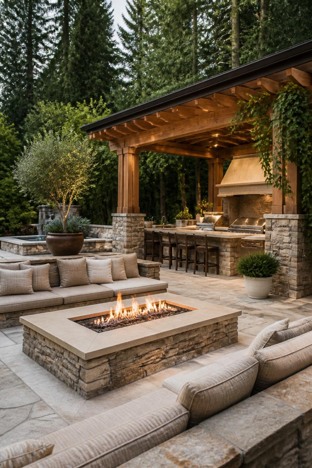 A spacious and cohesive backyard kitchen and lounge, with a large rectangular stone fire pit bordered by natural stone benches with plush be.