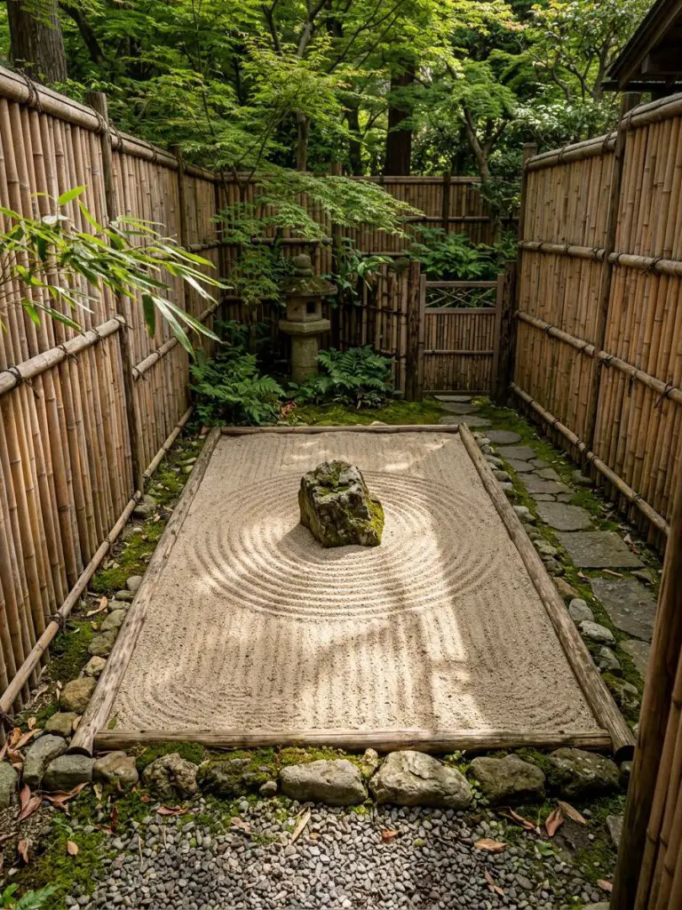 A small backyard Zen garden framed by a natural bamboo screen with a central sand bed.