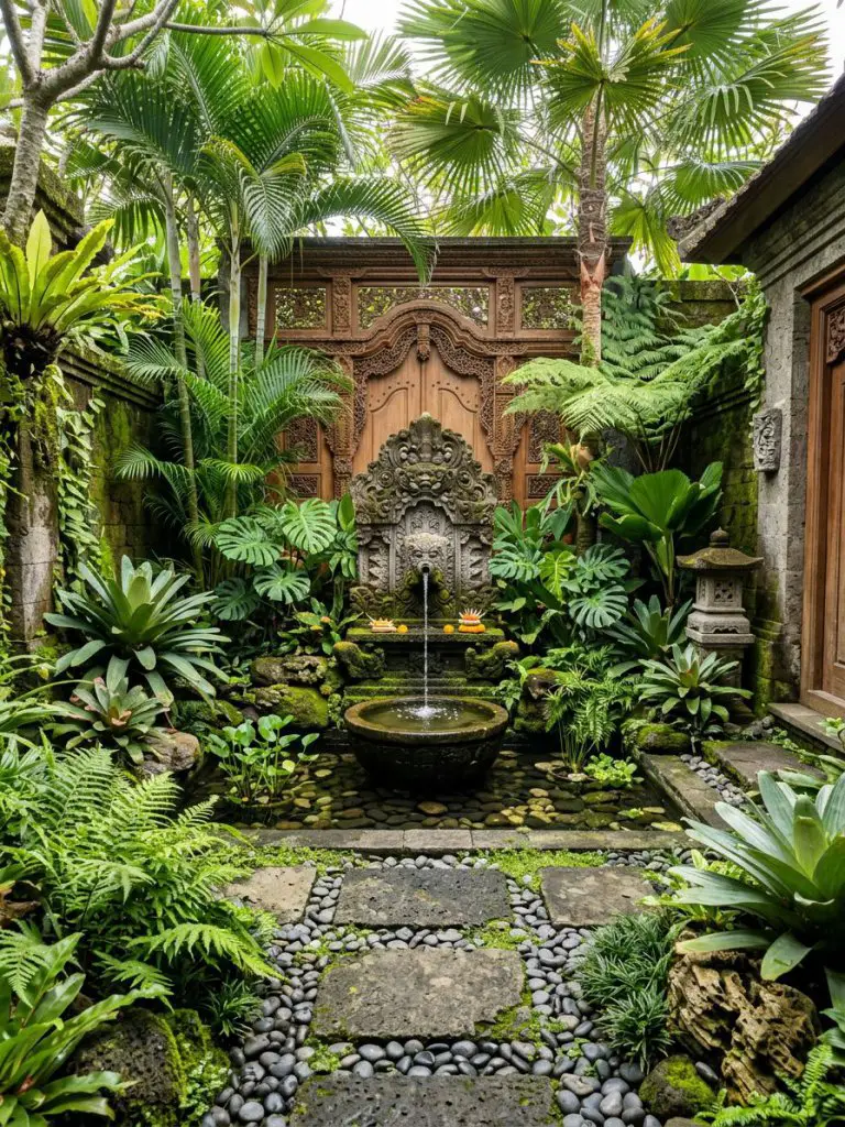A Bali-inspired tropical garden featuring natural stone, water elements, and lush greenery in a compact layout.