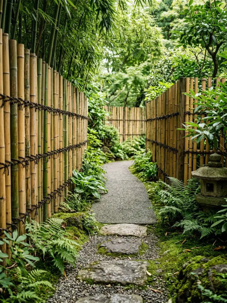 A bamboo-lined garden walkway inspired by Asian design, styled in a serene Zen aesthetic.