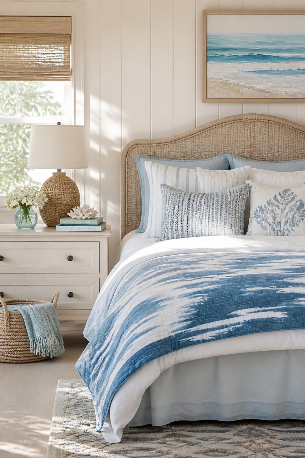 A serene beach-inspired blue and white bedroom featuring a curved woven wicker headboard against softly paneled white walls and a mix of str.