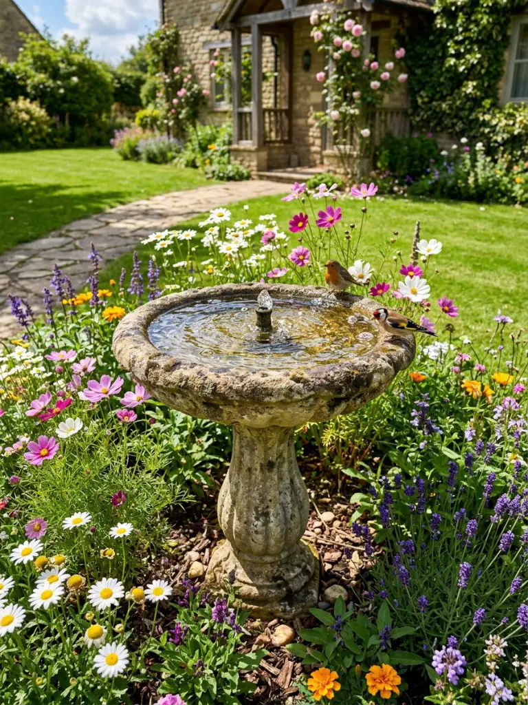 A charming bird bath fountain set within a small garden bed filled with colorful blooms like daisies, cosmos, and lavender.