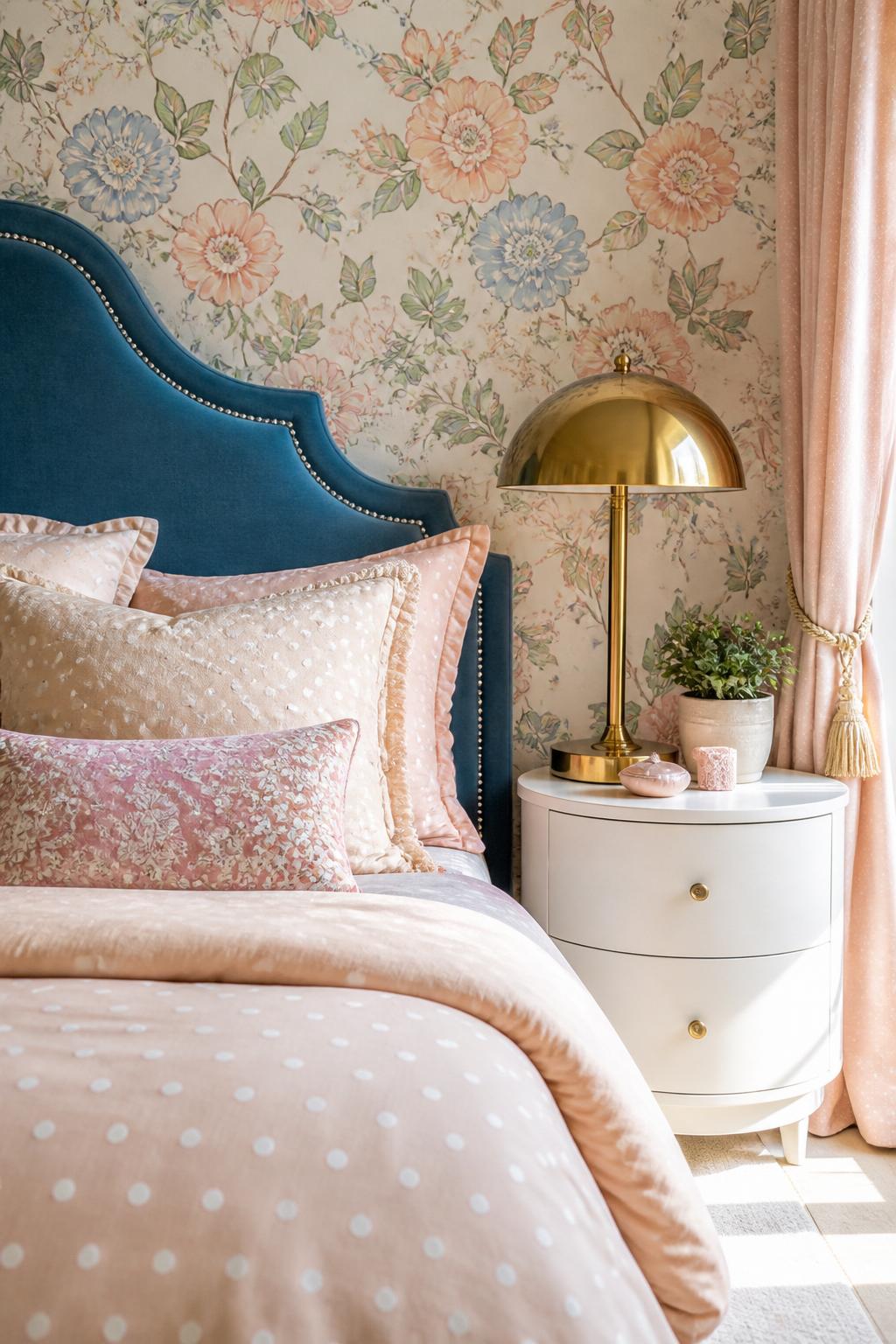 A serene yet playful bedroom that mixes pastel blue, blush pink, and cream tones, set against a delicate vintage floral wallpaper.