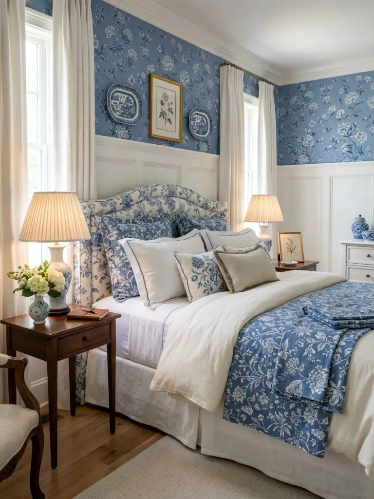 A timeless blue floral traditional bedroom aesthetic inspired by classic porcelain patterns with crisp white linens layered against cornflow.