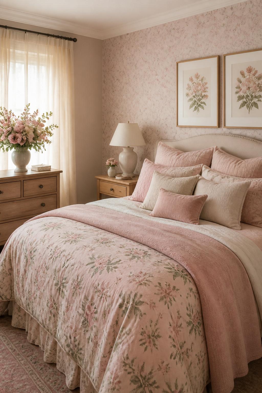 A dreamy, blush pink bedroom with a ditsy floral comforter as its vibrant centerpiece, layered with solid pale rose throws and an arrangemen.