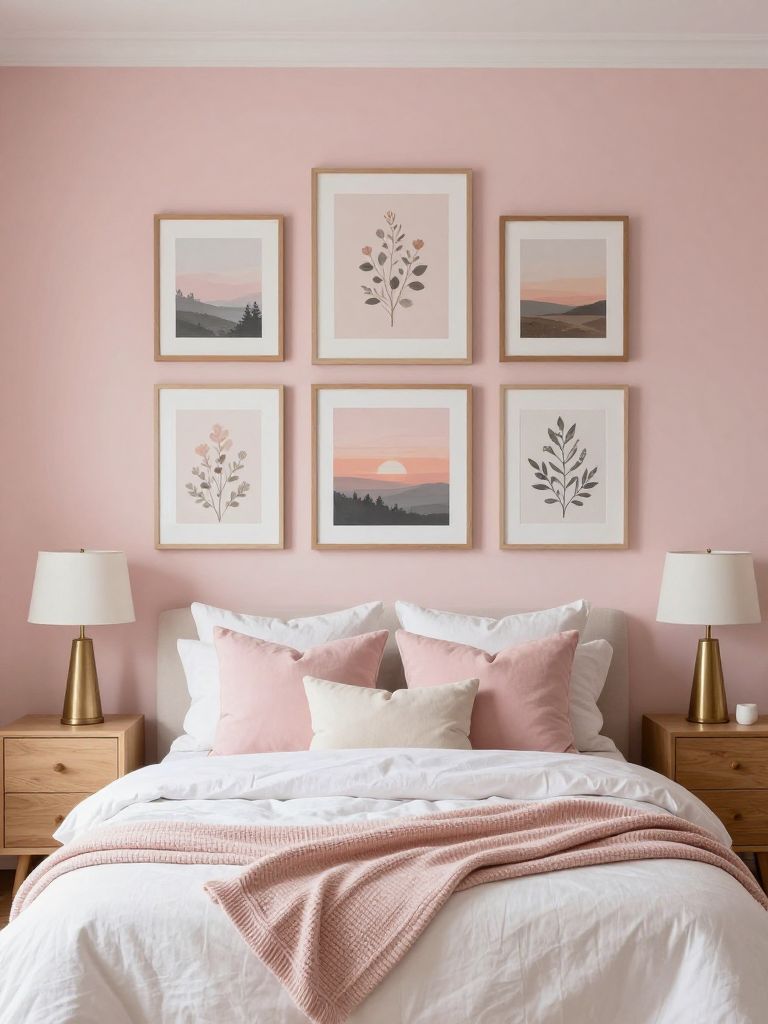 A feminine blush pink bedroom gallery wall styled in a soft Modern Rustic and Scandinavian-inspired aesthetic with curated artwork and calmi.