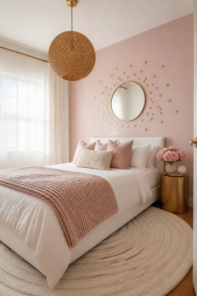 Capture a blush and white small bedroom with modern glam touches—a white bed with layered blush pillows and a chunky knit throw, sitting ato.
