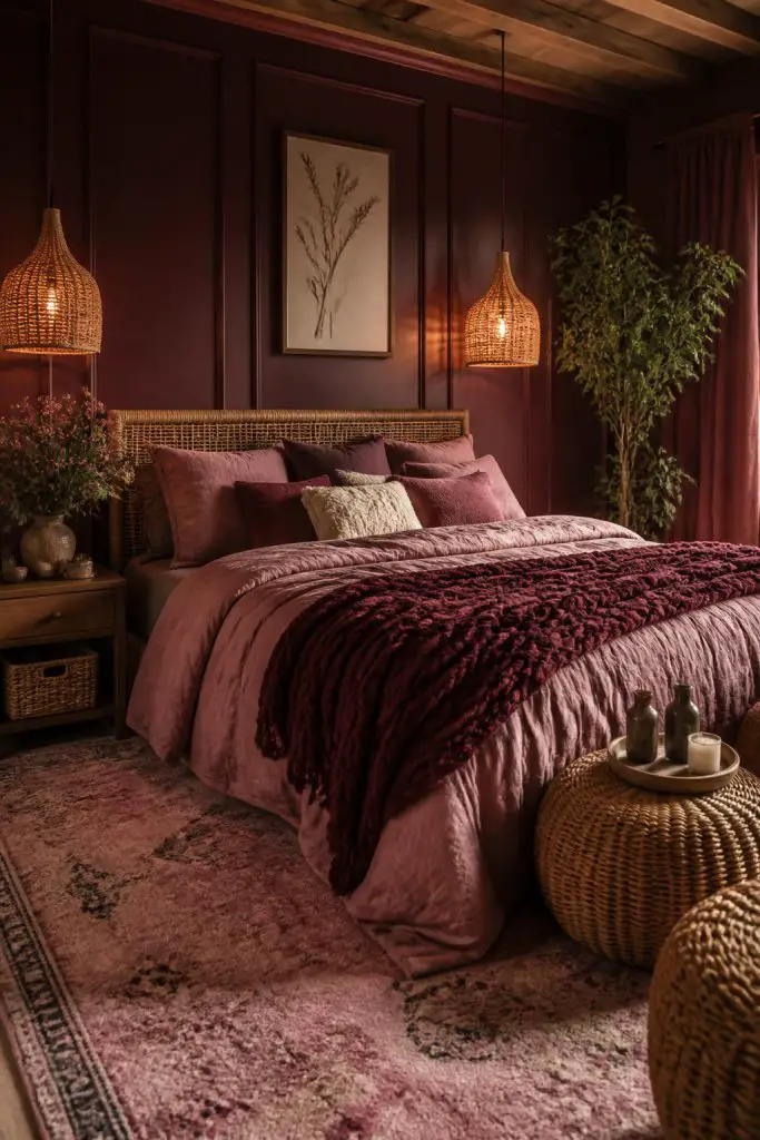 This boho-chic bedroom focuses on rich burgundy paneled walls and layers of pink and berry-toned bedding with chunky knit throws.