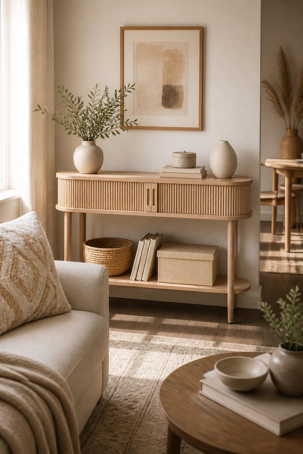 boho entryway or hallway with a slim natural wood console table, woven storage baskets below, matte ceramic vases, soft neutral runner, roun.