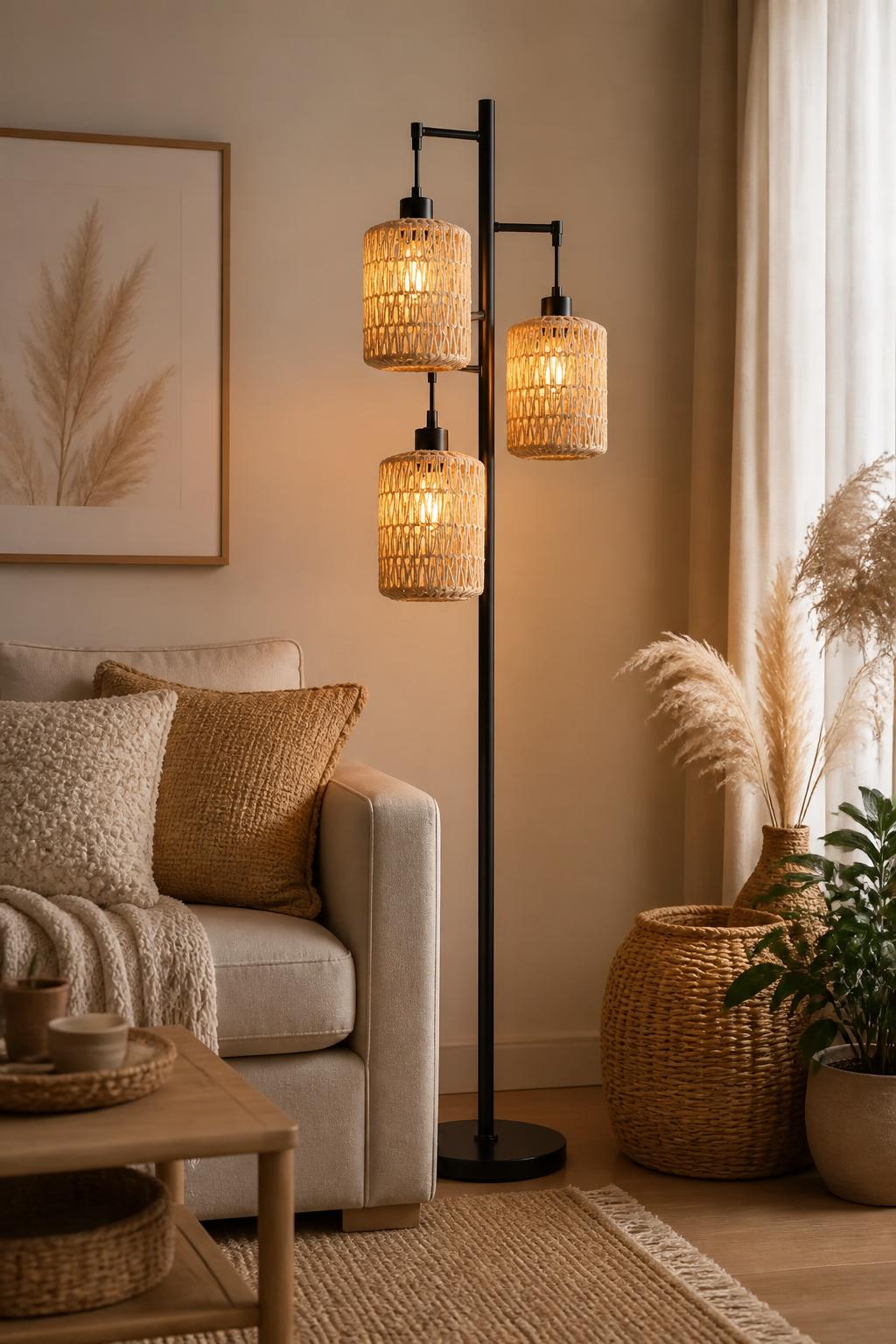 interior image of a modern bohemian living room with a sculptural arched floor lamp featuring a woven rattan shade, a neutral-toned sofa wit.