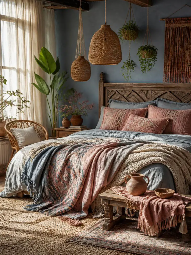 A bohemian-inspired bedroom layered with light blue textiles, blush pink woven accents, and rich natural materials for a relaxed artistic at.