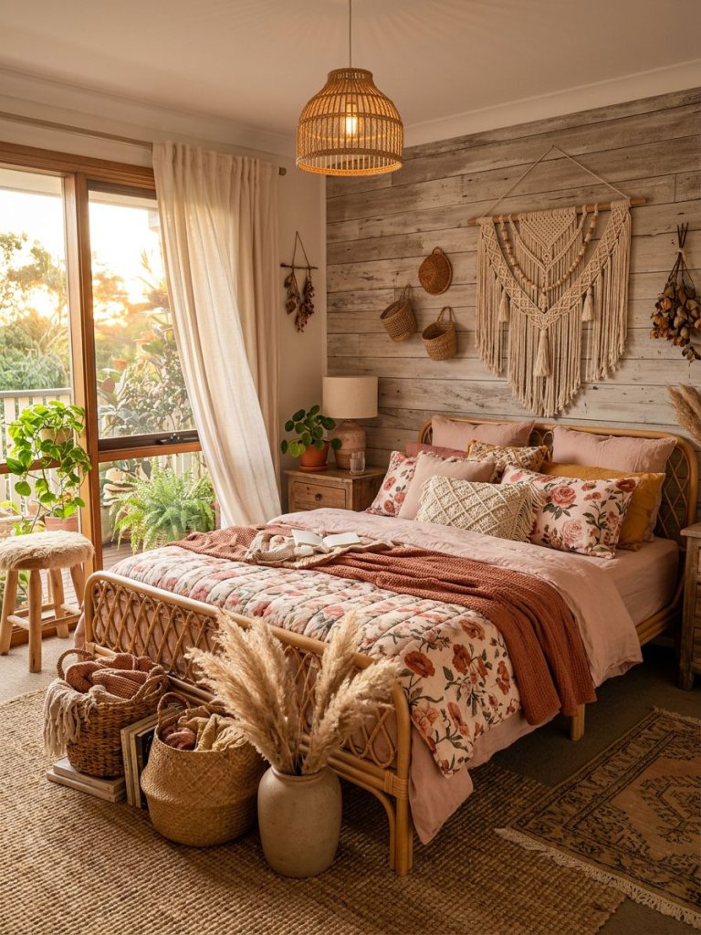 A relaxed bohemian pink floral bedroom blending earthy textures with free-spirited floral styling.