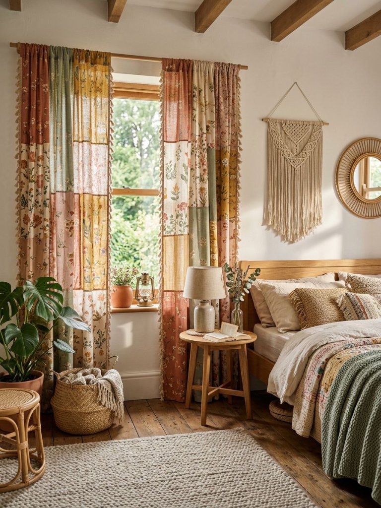 A relaxed bohemian bedroom featuring mismatched wildflower curtains with patchwork-inspired floral patterns and playful tassel edging.