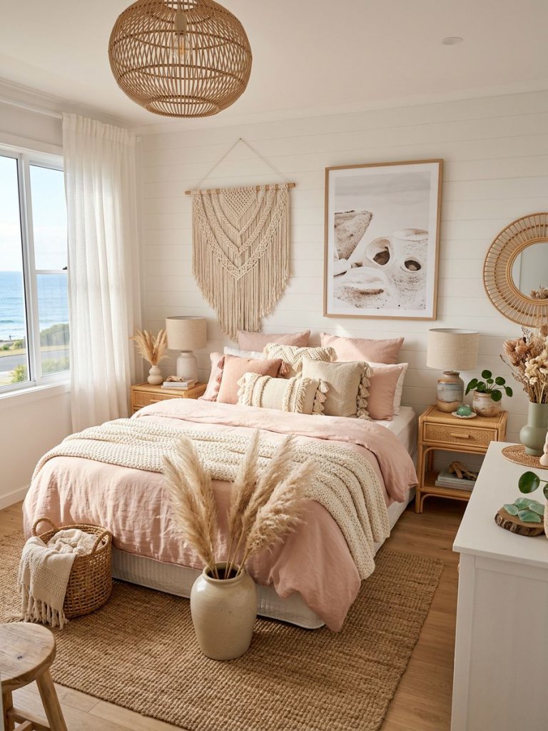 A boho-inspired pink coastal bedroom featuring blush linen bedding, macrame wall decor, woven rattan lighting, and soft white shiplap walls.
