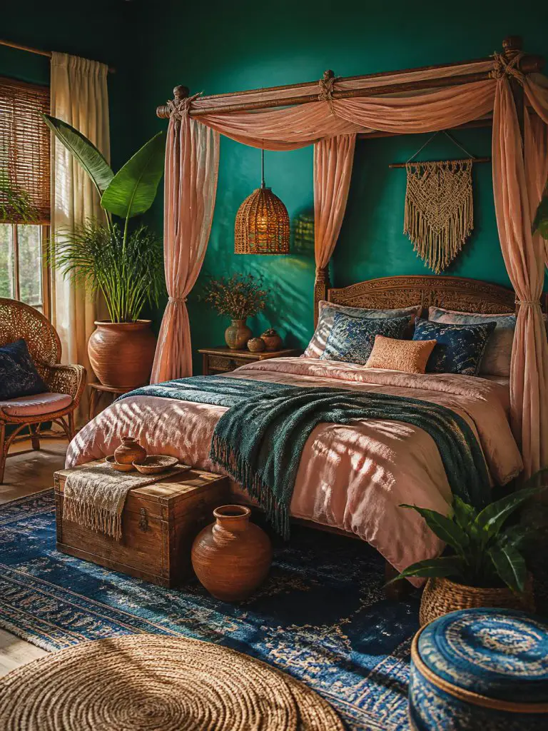 A vibrant boho eclectic bedroom filled with teal green walls, peachy pink bedding, and layered blue textiles in a cozy artistic interior.